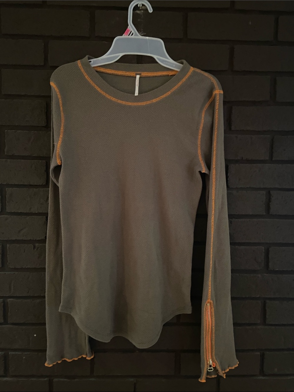 Free People Olive Green Long Sleeve Thermal Top with Orange Contrast Stitching